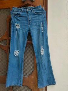 Y2K Beaded Ripped Blue Bootcut Jeans