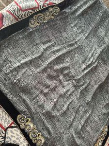 Elegant Black Grey Smooth Saree With velvet border