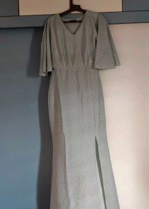 Silver Shimmer Gown with Cape Sleeves &amp; Th
