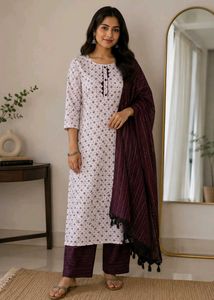 White & Maroon Kurta Set with Dupatta