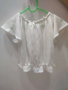 White Viscose Crop Top | Textured Ruffle Hem