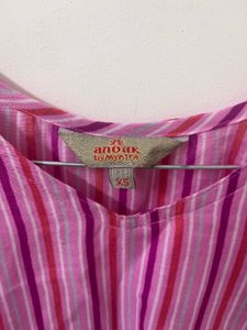 Pink Striped Cotton Blend Straight Kurta