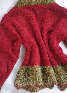 Red And Green Glittery Fur Cardigan