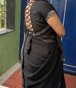 Elegant Black Saree with stitched blouse