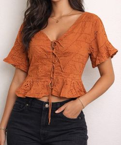 Chic Orange Eyelet Lace-Up Crop Top