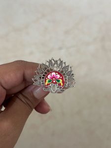 Floral Meenakari brass Silver Ring