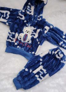 Cozy Blue Bear Faux Fur Hoodie & Pants Set