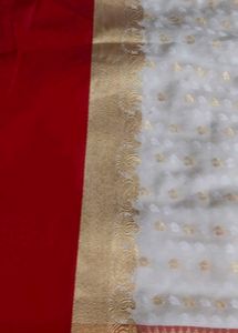 Elegant White &amp; Red Saree with Gold Border