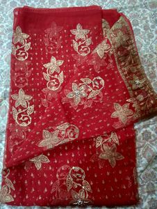 Red Saree with Gold Floral Embellishments