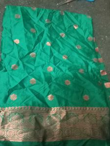 Green Silk blouse material with Golden Border