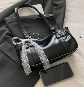 Chic Black Shoulder Bag with Lace Detail