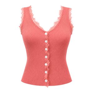 Pink Lace Trim Button-Up Ribbed Top