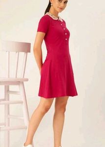 Cute Maroon Dress with Embroidered Lace Collar