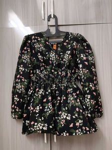 Black Floral Print Peplum Top