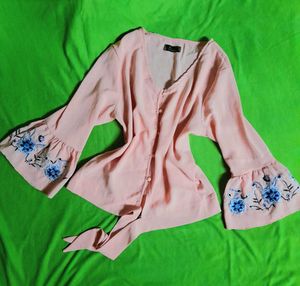 Korean Floral Embroidery Bell Sleeve Pink Crop Top