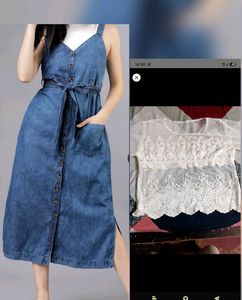 Denim Pinafore Dress with white lace top
