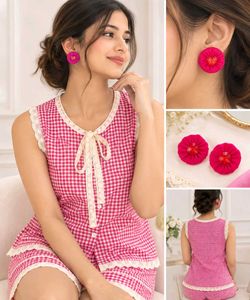 Charming Red Fabric Flower Stud Earrings
