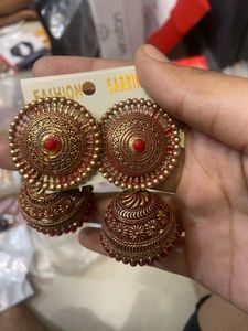 Red &amp; Gold Jhumka Earrings