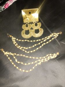 Elegant Gold Pearl Dangler Earrings &amp; Chain