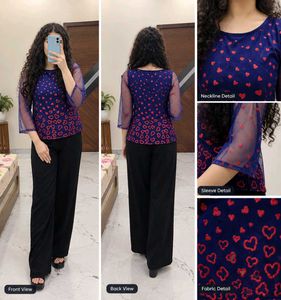 Chic Blue Heart Print Mesh Top