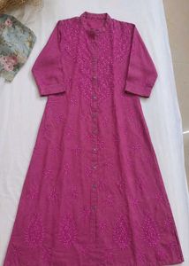 Embroidered Mauve Lucknowi Front open Linen Kurta