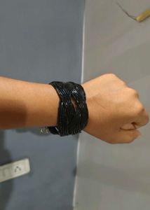 Black Beaded Braid Cuff Bracelet