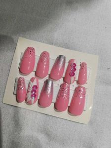 Pink Press-On Nails with 3D Floral Accents