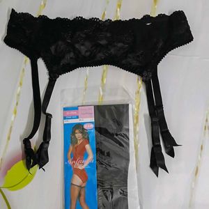 (851)Black Lace Garter Belt + Stockings