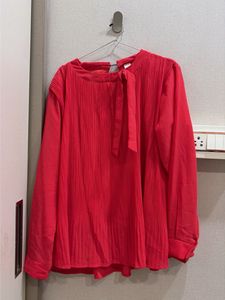 Chic Red Pleated Tie-Neck Blouse