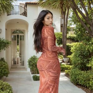 Sheer Marble Print Long Sleeve Dress