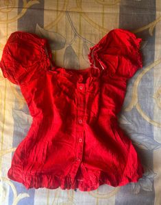 Chic Red Button-Up Puff Sleeve Top