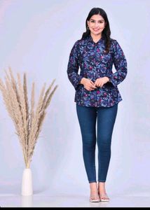Blue Floral Print Long Sleeve Tunic Top