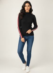 Black Striped Ribbed High Neck Top