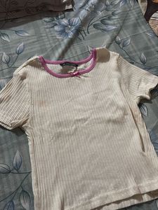 Ribbed Cream Top with Pink Trim