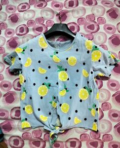 Cute Lemon Print Tie-Front Top