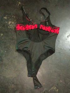 leather Black &amp; Red  Lace Teddy Bodysuit