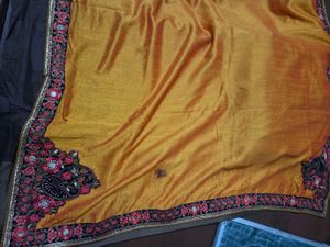 Embroidered yellow and charcoal Silk Saree