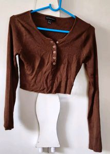 Brown Ribbed Cropped Henley Top