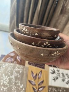 Set of 3- Wooden Bowl with Floral Inlay Spoon