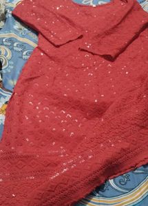 Red Embellished Kurta with Sequins
