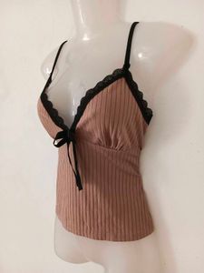 Pink Ribbed Camisole with Black Lace Trim