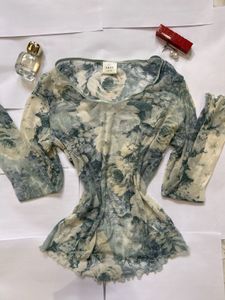 Blue Floral Mesh Top