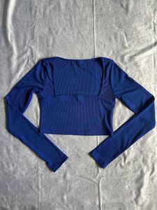 Blue Ribbed Long Sleeve Crop Top