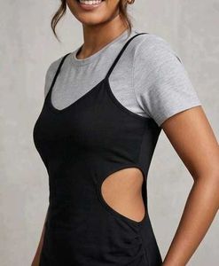 Chic Black Slip Dress with Grey Tee Layer
