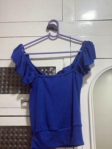 Ruffle Off-Shoulder Blue Top