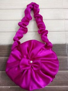 Fuchsia Satin Round Bag with Pearl Accent