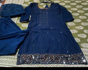 Navy Blue Kurta Set with net dupatta