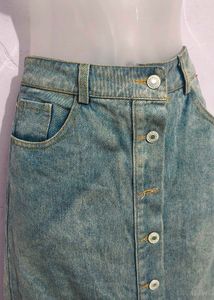 Denim Midi Skirt with Lace Trim