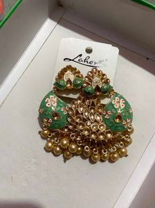 Heavy Beautiful Green Enamel & Pearl Jhumkas