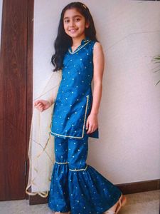 Girls Blue Kurta Set with Sharara